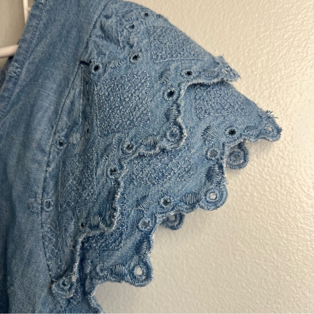 NWT Old Navy Denim Embroidered Mini Dress Cap Sleeve Square Neck Sz M Button Up - Picture 5 of 13